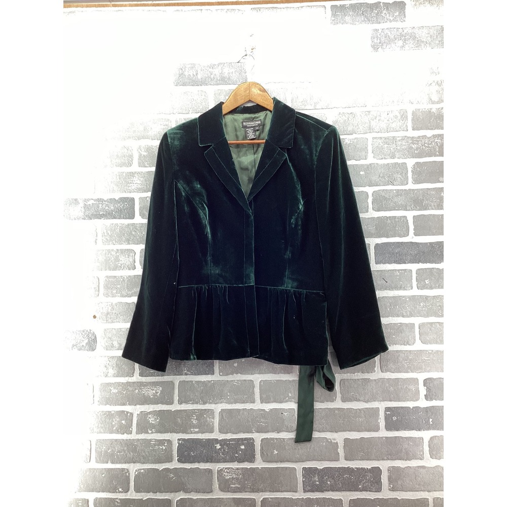 The J. Peterman Company Green Silk Blend Velvet Peplum Blazer Jacket Size 14